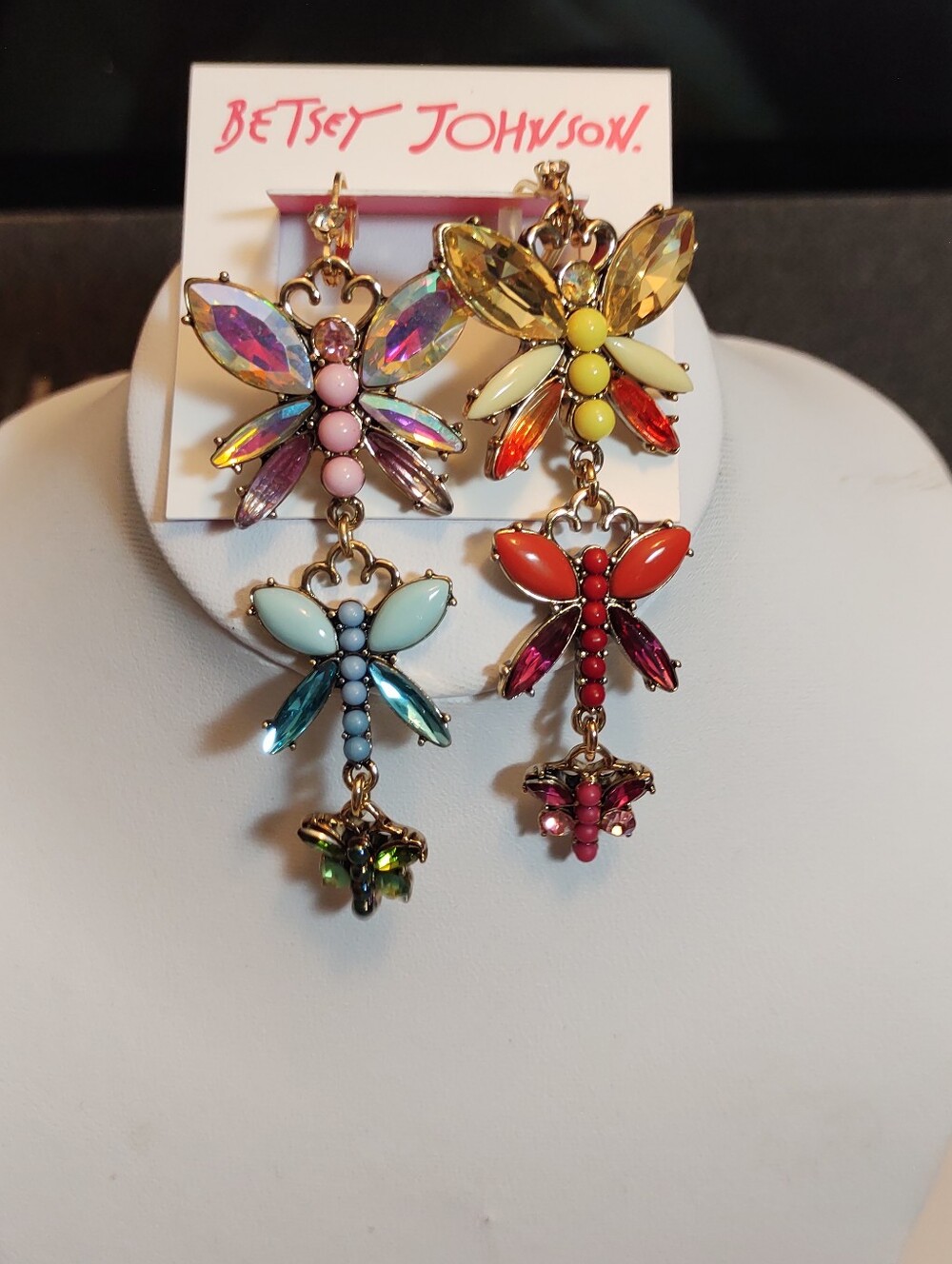 Betsey Johnson Multicolor Dragonfly Drop Earrings - Colorful Crystal Statement - Picture 3 of 5